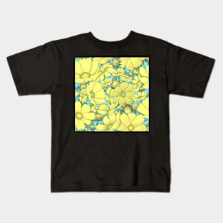 Yellow Cosmos Wildflowers and Buds on Sky Blue Kids T-Shirt